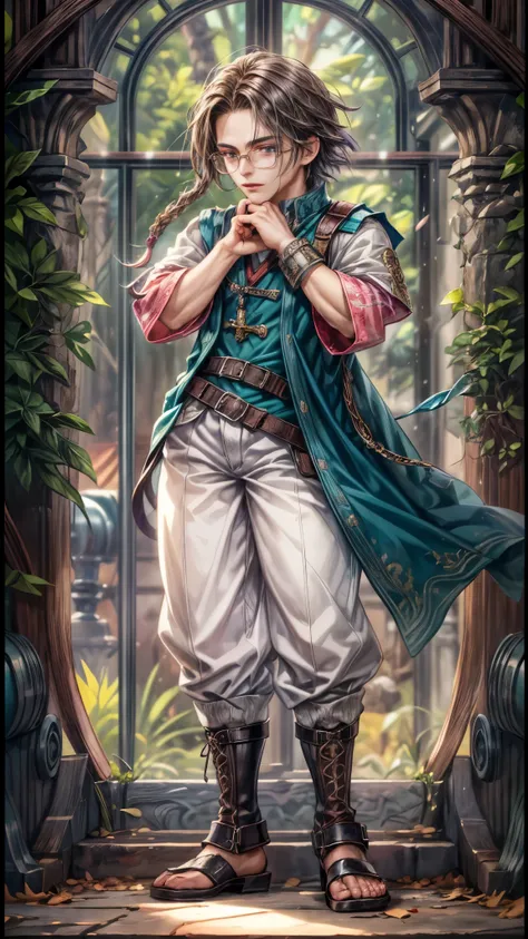 (absurdres, highres, ultra detailed, HDR), masterpiece, intricate, best quality, portrait of a handsome villain from Final Fantasy IX, sapphire hair, short hair, korean face, anime eyes, prince outfit , wearing glasses, detailed interiors of an rpg weapon ...