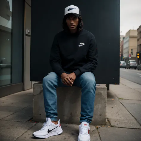 Tall dark sci-fi guy with Nike sneakers jeans sweatshirt and hat