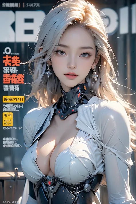 (magazine cover:1.3),ulzzang-6500, (actual: 1.3) (The original: 1.2), masterpiece, best quality, beautiful clean face, whole body,  ((girl, Mecha)), broken armor, Mechanical halo, Mechanical arms, white hair, long hair, ceramic body, Thigh clearance, small...