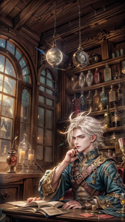 (absurdres, highres, ultra detailed, HDR), masterpiece, intricate, best quality, portrait of a handsome villain from Final Fantasy IX, peridot hair, short hair, korean face, anime eyes, mage outfit , wearing glasses, detailed interiors of an rpg wand shop,...