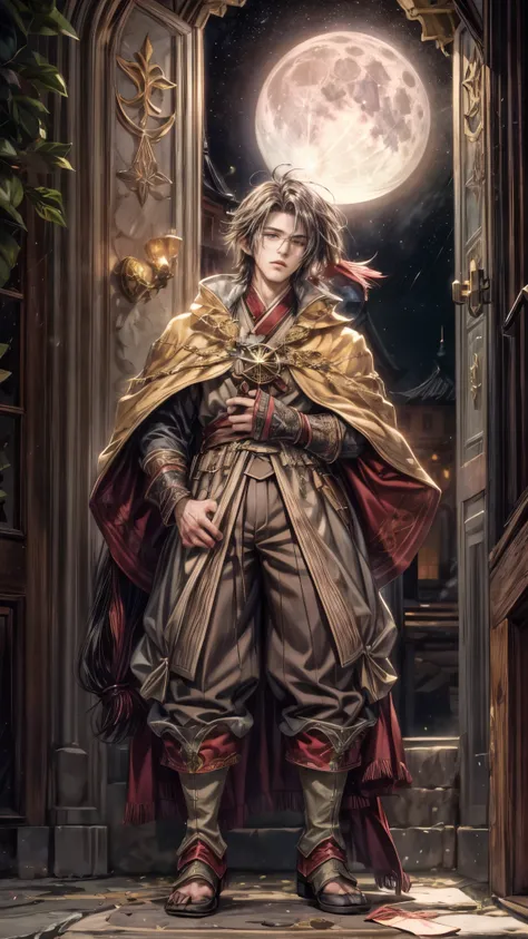 (absurdres, highres, ultra detailed, HDR), masterpiece, intricate, best quality, portrait of a handsome villain from Final Fantasy IX, peridot hair, short hair, korean face, anime eyes, mage outfit , wearing glasses, detailed interiors of an rpg wand shop,...