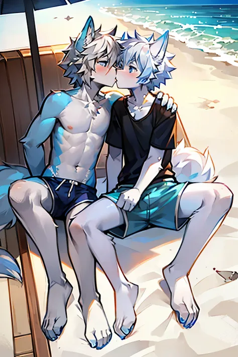 two men, Wolf, white and blue fur, young people, blue eyes, messy hair, white hair, short hair,male image，Two people，kiss， masterpiece, Very detailed, Casual clothing，blue shorts，hairyWolf尾巴，hairy，四肢都是Wolf爪，slender calves，long legs，beach background，