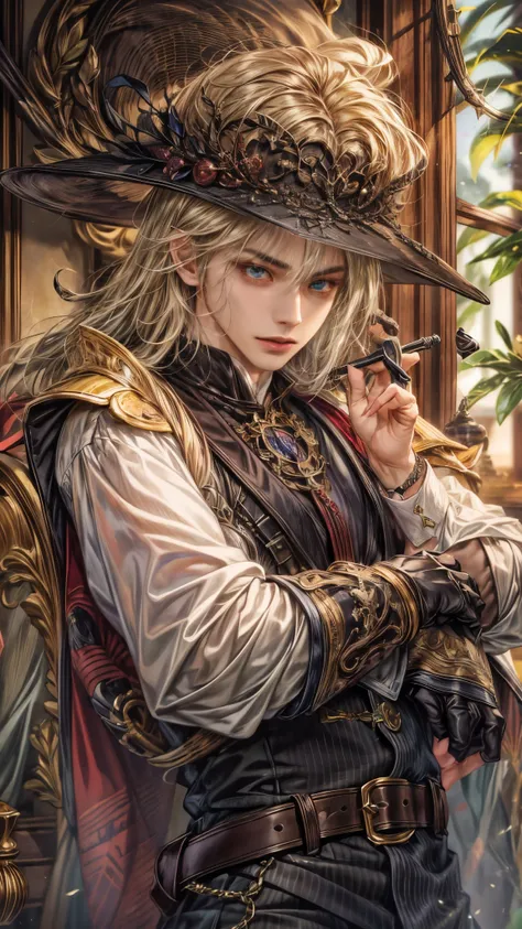 (absurdres, highres, ultra detailed, HDR), masterpiece, intricate, best quality, portrait of a handsome villain from Final Fantasy IX, peridot hair, short hair, korean face, anime eyes, mage outfit , wearing hat, detailed interiors of an rpg wand shop, sho...