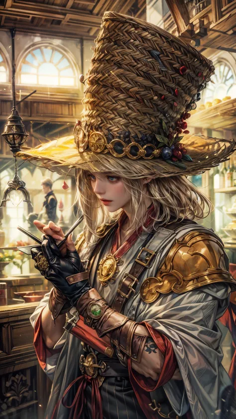 (absurdres, highres, ultra detailed, HDR), masterpiece, intricate, best quality, portrait of a handsome villain from Final Fantasy IX, peridot hair, short hair, korean face, anime eyes, mage outfit , wearing hat, detailed interiors of an rpg wand shop, sho...