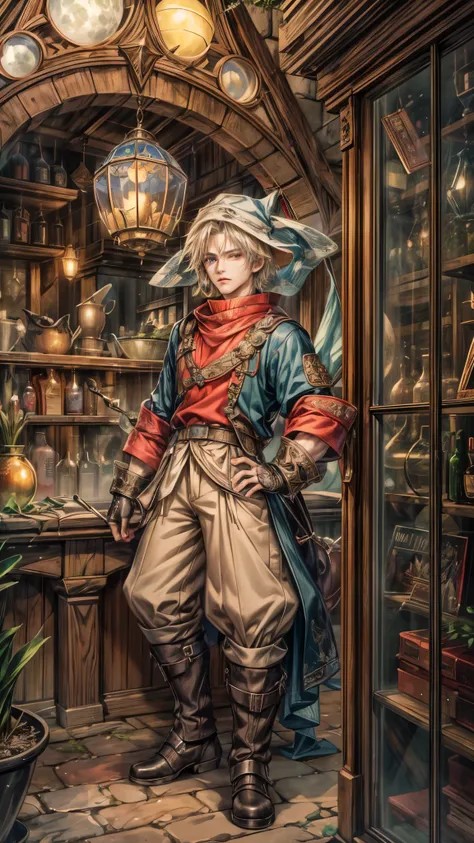 (absurdres, highres, ultra detailed, HDR), masterpiece, intricate, best quality, portrait of a handsome villain from Final Fantasy IX, peridot hair, short hair, korean face, anime eyes, mage outfit , wearing hat, detailed interiors of an rpg wand shop, sho...