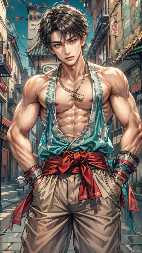 (absurdres, highres, ultra detailed, HDR), masterpiece, intricate details, best quality close-up picture of a character from suikoden, a character with handsome looks, korean face, original hair, short hair, anime blue eyes, smirking face, matured teen, ti...