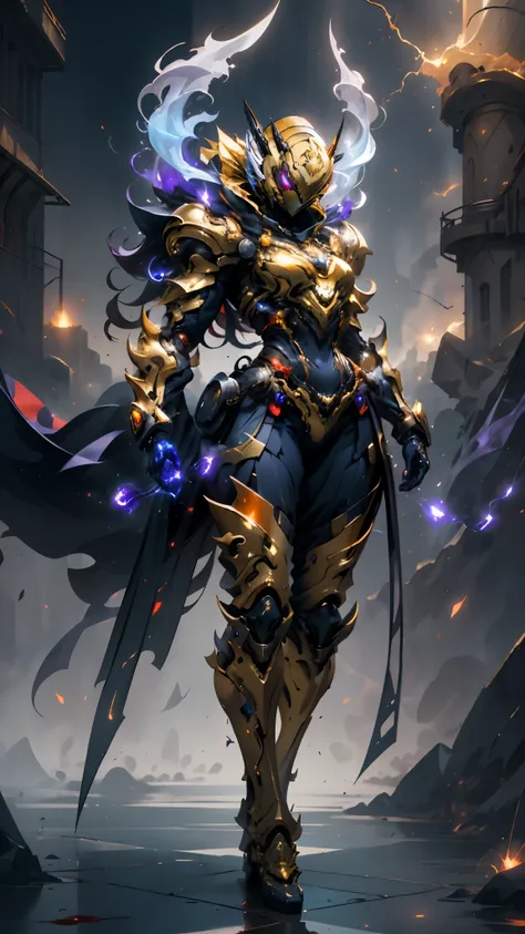 a woman adorned in fantasy-style full-body armor, a crown-concept fully enclosed helmet that unveils only her eyes, a composite ...