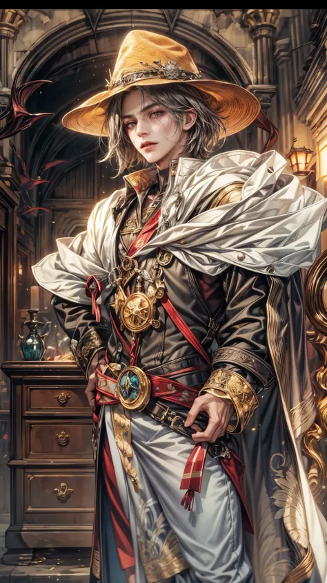 (absurdres, highres, ultra detailed, HDR), masterpiece, intricate, best quality, portrait of a handsome villain from Final Fantasy IX, peridot hair, short hair, korean face, anime eyes, mage outfit , wearing hat, detailed interiors of an rpg wand shop, sho...