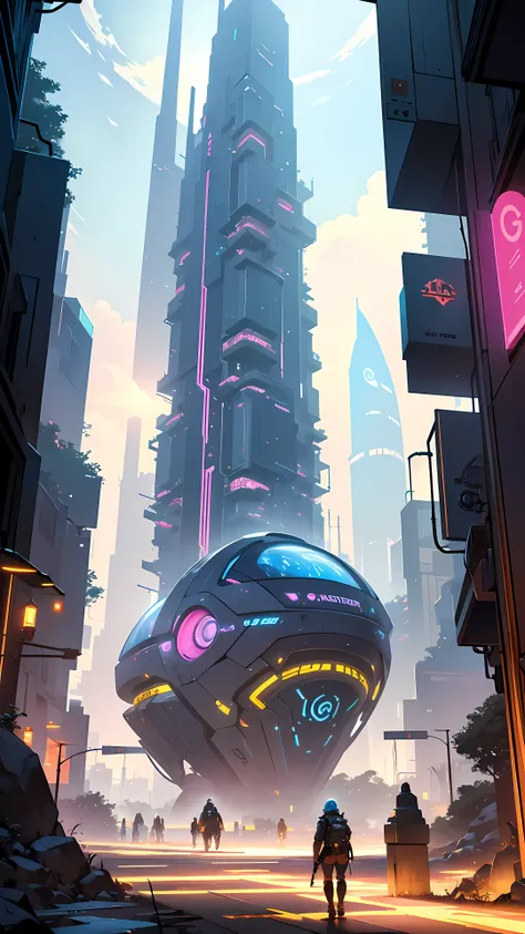 Imagine a metropolis of the future, where imposing skyscrapers rise amid a night sky lit by vibrant neons. The streets are full of flying vehicles and pedestrians walk between futuristic buildings with innovative architecture. Na periferia da cidade, Huge ...