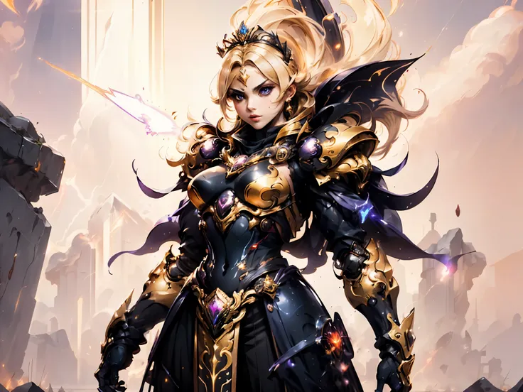 A woman adorned in fantasy-style full-body armor, a crown-concept fully enclosed helmet that unveils only her eyes, a composite layered chest plate, fully encompassing shoulder and hand guards, a lightweight waist armor, form-fitting shin guards, the overa...