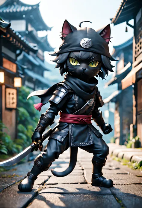 Full body Esbian、cool black cat、pop black cat、diorama、simple background、background white、bandana、ninja、Holding a kunai in your hand, highest quality, Capture the cutest moments, written boundary depth, Super detailed, ultra high resolution, octadale, 8k, 1...