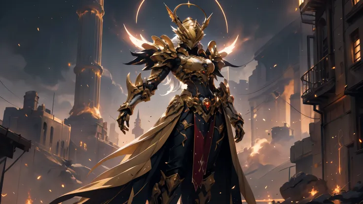 A woman adorned in fantasy-style full-body armor, a crown-concept fully enclosed helmet that unveils only her eyes, a composite layered chest plate, fully encompassing shoulder and hand guards, a lightweight waist armor, form-fitting shin guards, the overa...