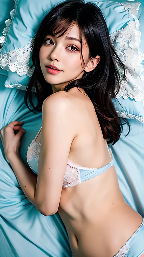 (((Light blue pillow))), (((light blue sheet))), sleeping girl, 26 years old, realistic, ((she is wearing bikini pink underwear)). she has a nice ass, she is wearing pink pajamas, 茶hair. viewer, (From above: 1.2), (on the bed), masterpiece, 最high quality, ...