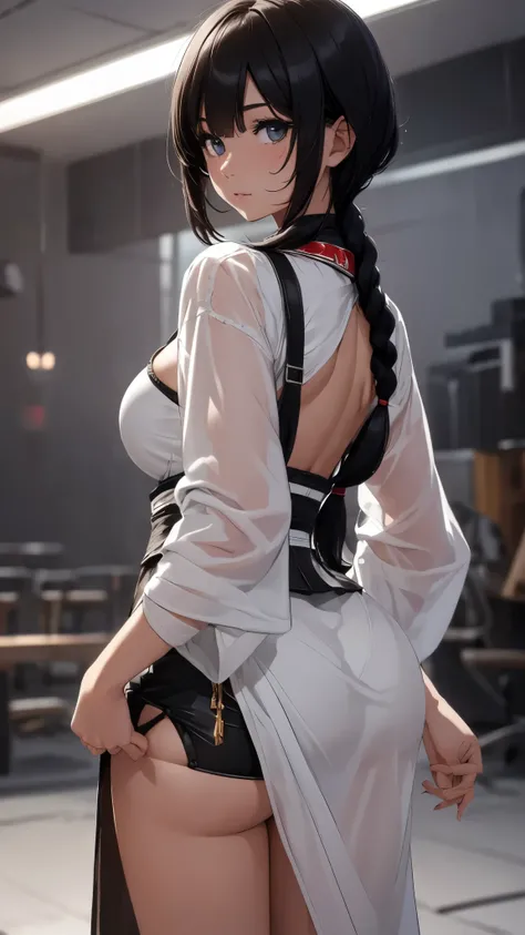 (beautiful 19-year-old girl),(model figure),(big breasts),(short haircut,long braid down the back),(black hair),(wearing white kimono, heavily torn in some places),(fighting stance),(a gang),(tattoos)。(best quality,4k,8k,highres,masterpiece:1.2),ultra-deta...