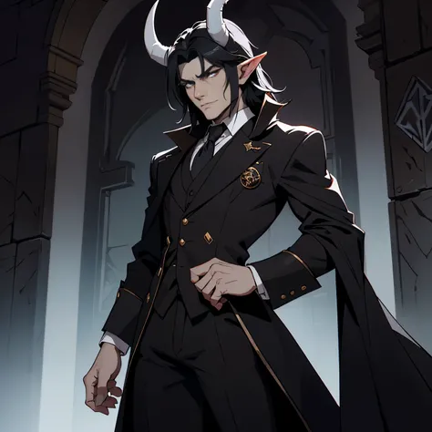 A white male teifling, horns, slim and strong in stature, a mane of shadow like black hair, wearing a dark fancy suit inbeded with sigils, with dark eyes, warlock