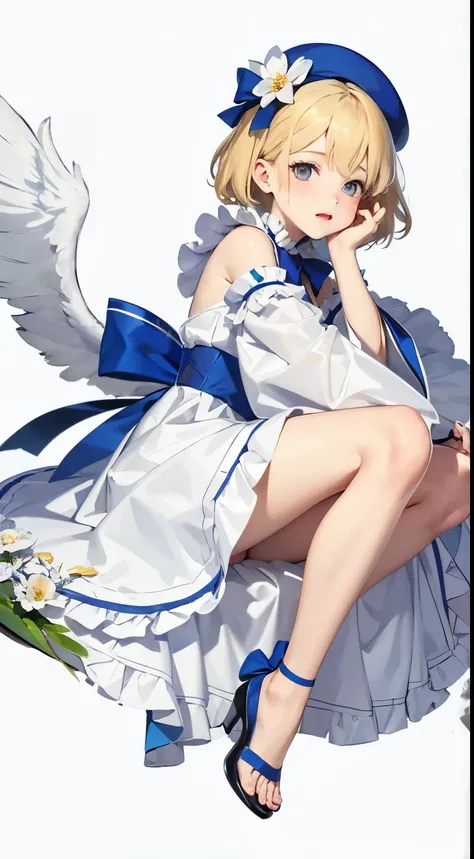 uekura, 1 girl, blonde hair, white background, have, dress, blue shoes, wing, simple background, sign, flower, nail polish, wide sleeve, long sleeve, blush, animal, white flower, alone, whole body, bird, looking at the viewer, high heels, put your hand on ...