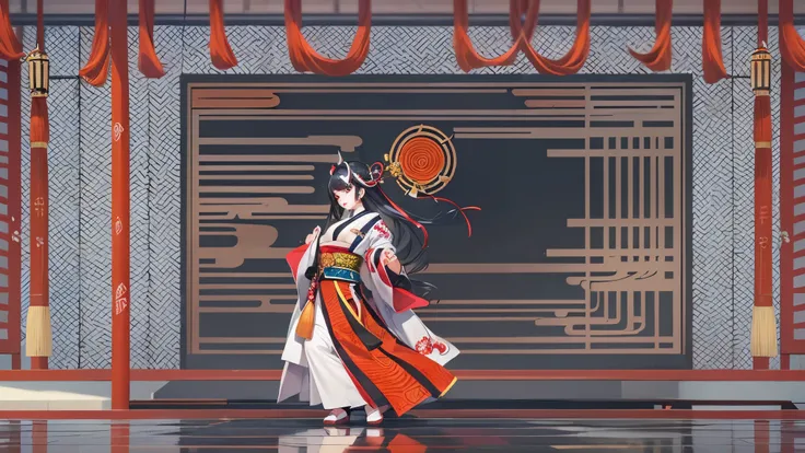 panasonic:1.2, ((dance style)) (solo:1.3 Kabuki dancer, black hair long oiran hair, cute femdom girl, 17 yo, bigboobs:1.3, red eyes), ((kabuki makeup face)), (in a immensely kabuki uniform) is kabuki dancing (in the Hakataza Theater),  break, perfect anato...