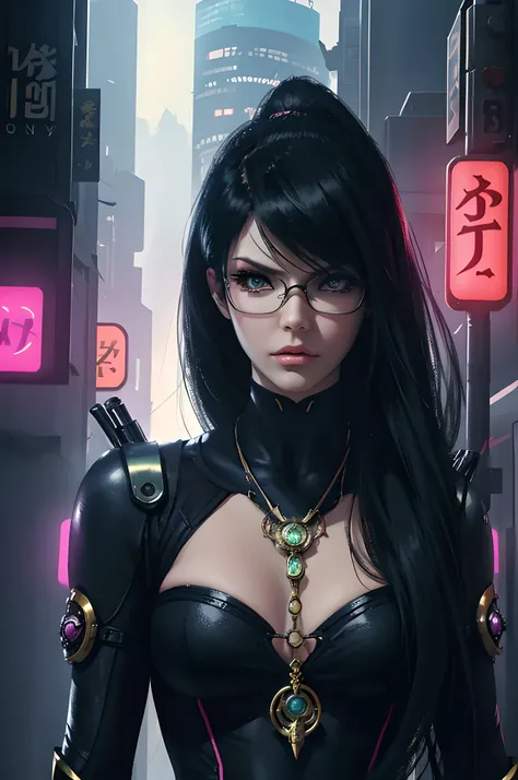 Generate an 8K resolution artwork featuring Bayonetta from the Bayonetta series. Portray Bayonetta facing away from the camera, looking into a specific direction with an expression of grief on her face. Capture the emotional depth in her eyes and facial fe...