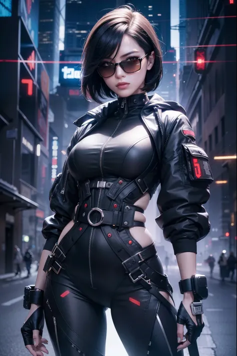 Waist up hot beauty woman (masterpiece) with bob short black hair, best quality, expressive eyes, perfect face, wearing a short jacket & a detailed ornad sci-fi cyberpunk combat plugsuit & sunglasses, sharp focus