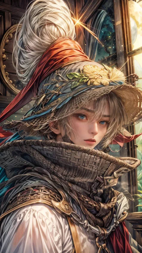 (absurdres, highres, ultra detailed, HDR), masterpiece, intricate, best quality, portrait of a handsome villain from Final Fantasy IX, peridot hair, short hair, korean face, anime eyes, mage outfit , wearing hat, detailed interiors of an rpg wand shop, sho...