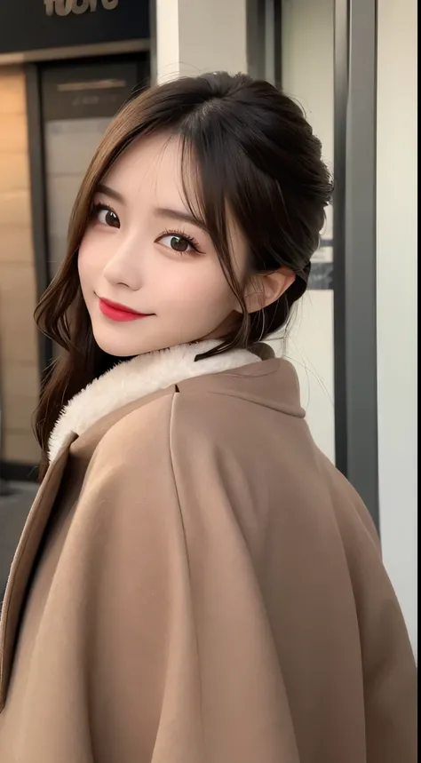 table top, highest quality, shape, Super detailed, finely, High resolution, 8k wallpaper, 完璧なダイナミックな構shape, beautiful and detailed eyes, Gorgeous black fluffy Tokyo winter clothes,ランダムなcute髪,,natural color lip, bold sexy pose,smile、20 year old girl、cute、se...