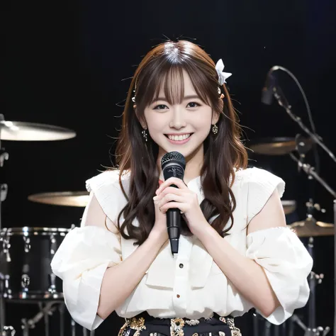 realistic, realistic, masterpiece, highest quality, one girl, alone, on stage, stage lighting, Stage Spotlight, look at the audience, smile, Idol_sing_costume, (face to face with the children_v1:0.8),韓国のIdol,Nogizaka Idol,actress,,big ribbon,Fluffy skirt,l...