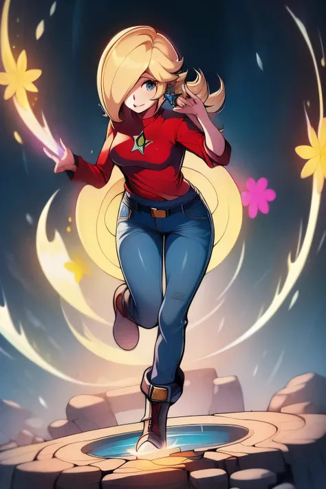 rosalina, rosalina wearing a red top, jeans , boots, rosalina's golden hair flowing through air, ultra detailed face,