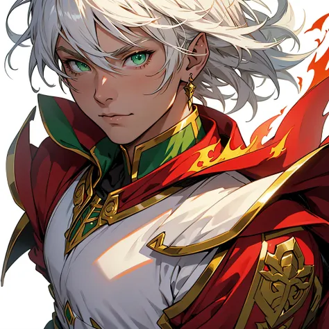 medieval anime art, masterpiece, best quality, by professional artist, male, solo, upper body portrait, detailed composition, detailed eyes, (((white background))), short white hair, hair in face, green eyes, elf, earrings, wearing red and yellow armor, fi...