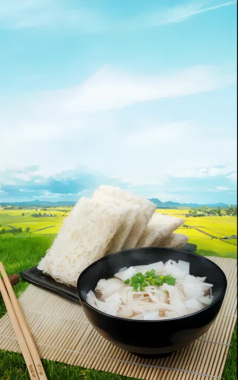 there is a bowl of 米粉 and chopsticks on a mat, Mies, cover, Real photos of delicious pho, on a sunny day, beautiful sunny day, cheap, healthy, landscape in background, Background image, rice noodle paper texture, High quality product image”, Noodle, The co...