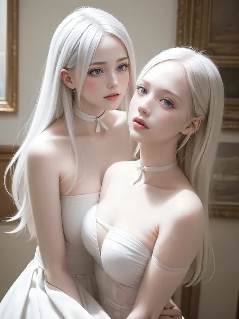 best quality, masterpiece, ultra high resolution, (lifelike: 1.4), original photo, 1 girl, Off the shoulders, light, kissing position, heterochromia, white hair, white hair