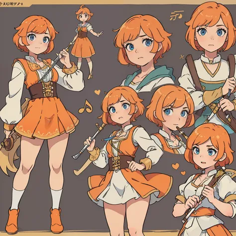 (((masterpiece))), (((best quality))), (((character design sheet, same character))), character design sheet, character reference sheet, illustration, musical girl, bard character, orange short hair, female bard clothes, short clothes, holding a magical flu...