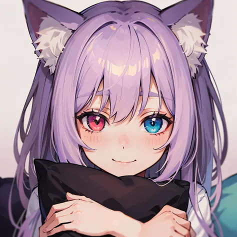 close-up portrait of ((solo catgirl)) hugging a pillow, light violet hair, nekomimi, simple plain background, innocent smile, pajamas, masterpiece, heterochromia, polychromia