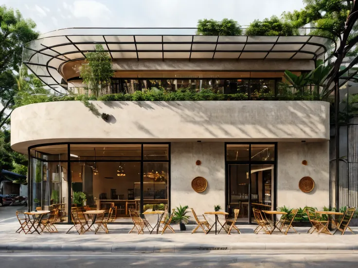 (masterpiece, best quality:1.2), architecture, coffee house on the corner street, facade design, a cafe with tables made from tr...