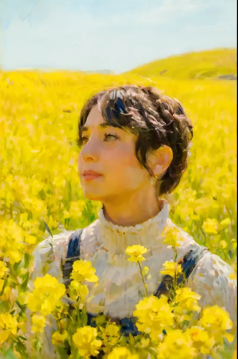 there is a woman standing in a field of yellow flowers, in a field of flowers,masterpiece on canvas in the style of claude monet...