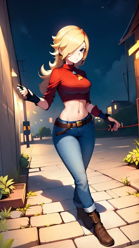 rosalina wearing a red top, jeans, fingerless gloves, holding a chain line