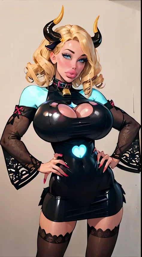 1girl,  bangs, bare shoulders, bell, blonde hair, (blue eyes), blush, breasts, cleavage, (aletta ocean face),collar, (cow ears, cow girl, cow horns, cow print, cowbell, curly hair, drill hair, hands on hips)  fake horns,horns, (gigantic breasts),looking at...