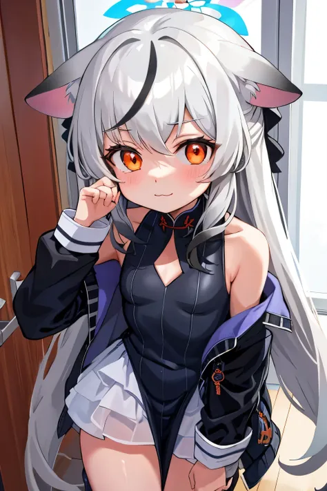 tmasterpiece， best qualtiy， ultra - detailed， 1girll，gray hair kokona， inside in room， orange eye， ：3，the face,  closeup cleavag...