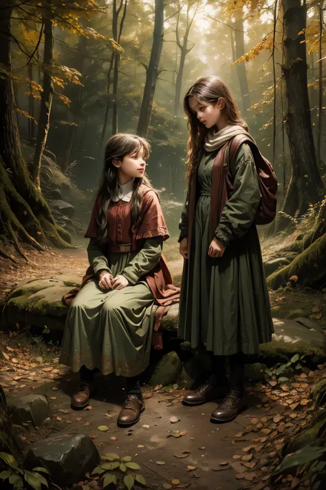 Two girls (about 11 years old) walk side by side in the woods on the autumn afternoon. A boy with a relaxed expression (12 years old) walks a little further behind. The three see a girl sitting on a rock crying. (detailed composition) sober colors, current...