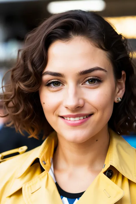 Woman wearing a yellow trench coat with geometric patterns in Carolana Herrera style, a touch of Van Goghs brushstrokes (Sipping coffee in a modern café during sunset), sehr detailliert, 35 years old, innocent face, naturally curly hair, amber eyes, high-r...