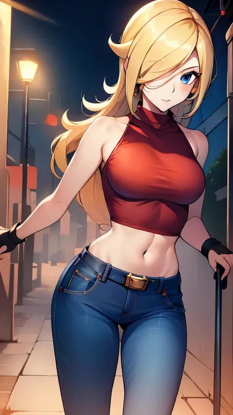 rosalina vestindo um top vermelho, jeans, luvas sem dedos, segurando uma linha de corrente