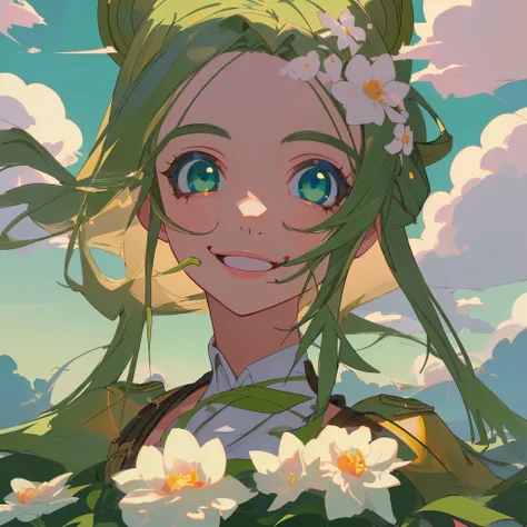 MKKS, masterpiece, best quality, illustration, close up, straightforward, facial focus, Smile, rich and colorful, flowers, green sky, cloud sky, Beautiful eyes girl,