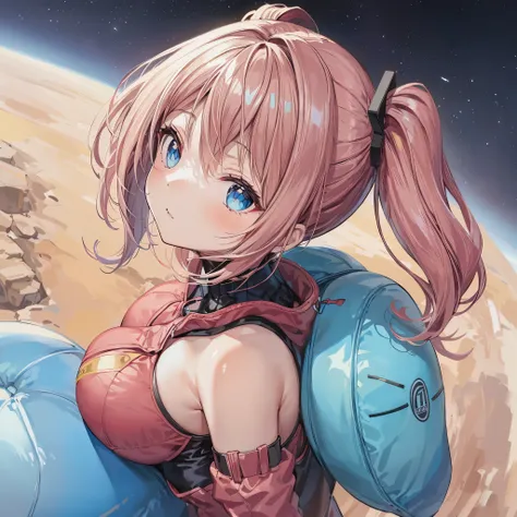 1girl, short salmon pink hair, twintails, blue eyes, salmon pink spacesuit