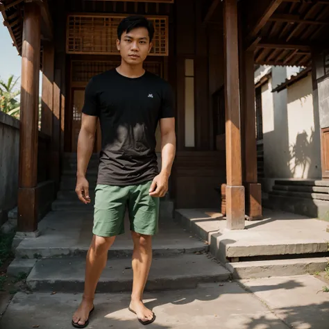 an Indonesian man, short hair, wearing a dark green t-shirt,wearing black shoes Balinese temple background, realistic