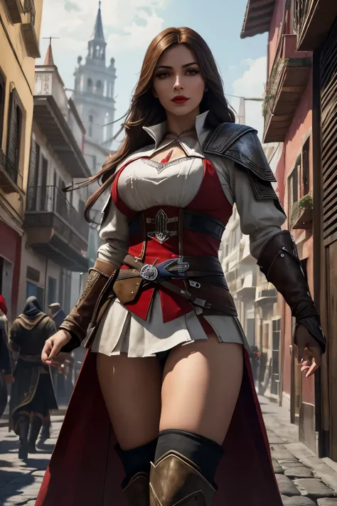 La mujer, Стиль Assassins Creed, ropa corta, poca ropa, botas hasta la rodilla, Pulseras en las piernas, Ciudad medieval al fondo, Renacimiento, muy detallado, Realistic long-term photography.., 4k, ancho, Pelo marron, brown hair, labios rojos, red lips, O...