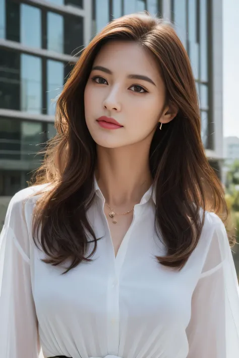 (highest quality, High resolution, masterpiece :1.3), tall and beautiful woman, thin abs, loose wavy dark brown hair, chest, wearing a pendant, white button up shirt, belt, black skirt, (modern architecture in the background), Accurately express details su...