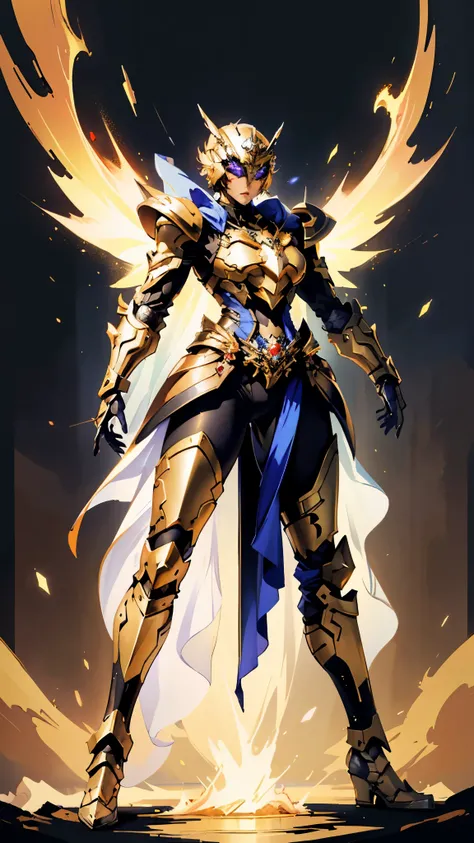 A woman adorned in fantasy-style full-body armor, a crown-concept fully enclosed helmet that unveils only her eyes, a composite layered chest plate, fully encompassing shoulder and hand guards, a lightweight waist armor, form-fitting shin guards, the overa...