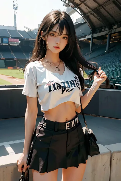 1girl, look at viewer, in baseball stadium, black hair, hair bang, wide chest, necklace, off soulder baseball jerseys with text printed, abs stomach, minj skirt, long legs, big chest,  dreamy and romantic compositions, white, playful arrangements, fantasy,...