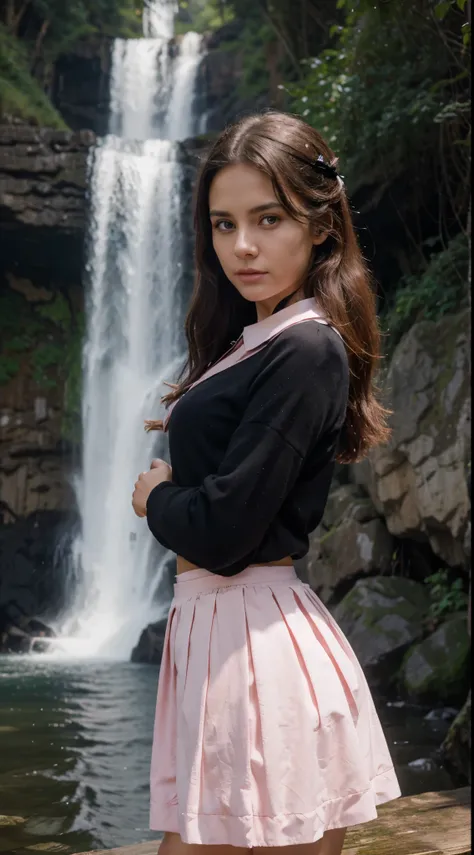 Beautiful   wear light pink sailor skirt with black collar
On a wood with  beautifull waterfall
Mysterious face
Beautiful face
Realistic