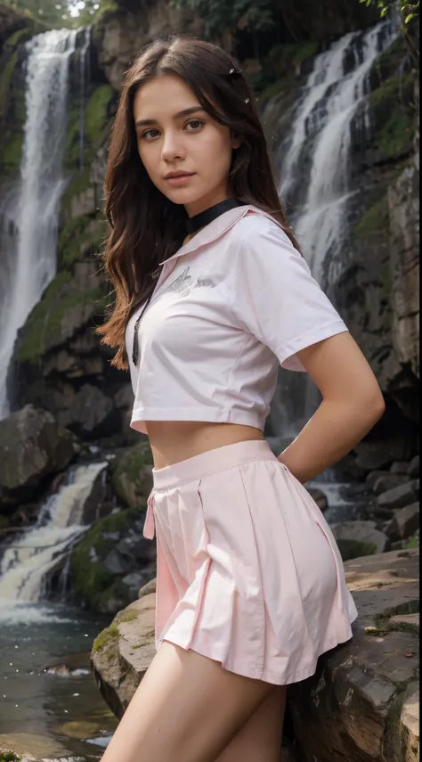 Beautiful   wear light pink sailor skirt with black collar
On a wood with  beautifull waterfall
Mysterious face
Beautiful face
Realistic