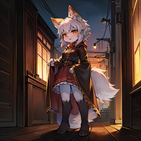 wolf girl，female focus，Furry women，Characteristics of a three-year-old girl，Furry loli，long sleeves，short skirt，Standing posture